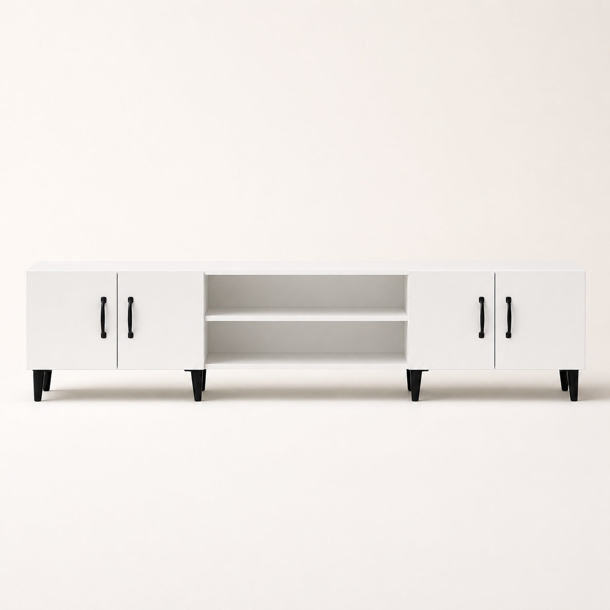 Meuble TV moderne blanc avec rangements, 4 portes et niches centrales pour appareils multimédias