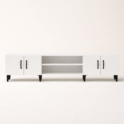 Meuble TV moderne blanc avec rangements, 4 portes et niches centrales pour appareils multimédias