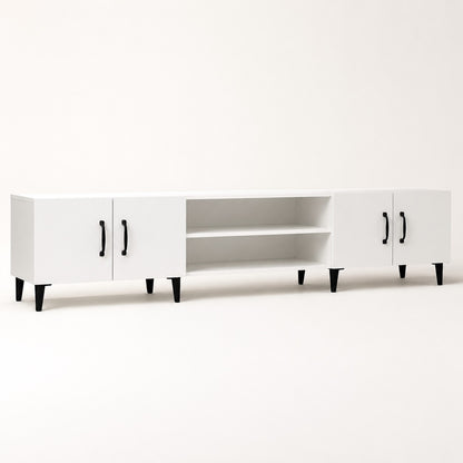 Meuble TV moderne blanc avec rangements, 4 portes et étagères ouvertes pour salon contemporain