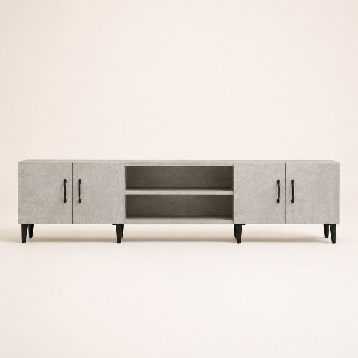 Meuble TV moderne avec rangements gris béton, 4 portes et étagères ouvertes pour salon design