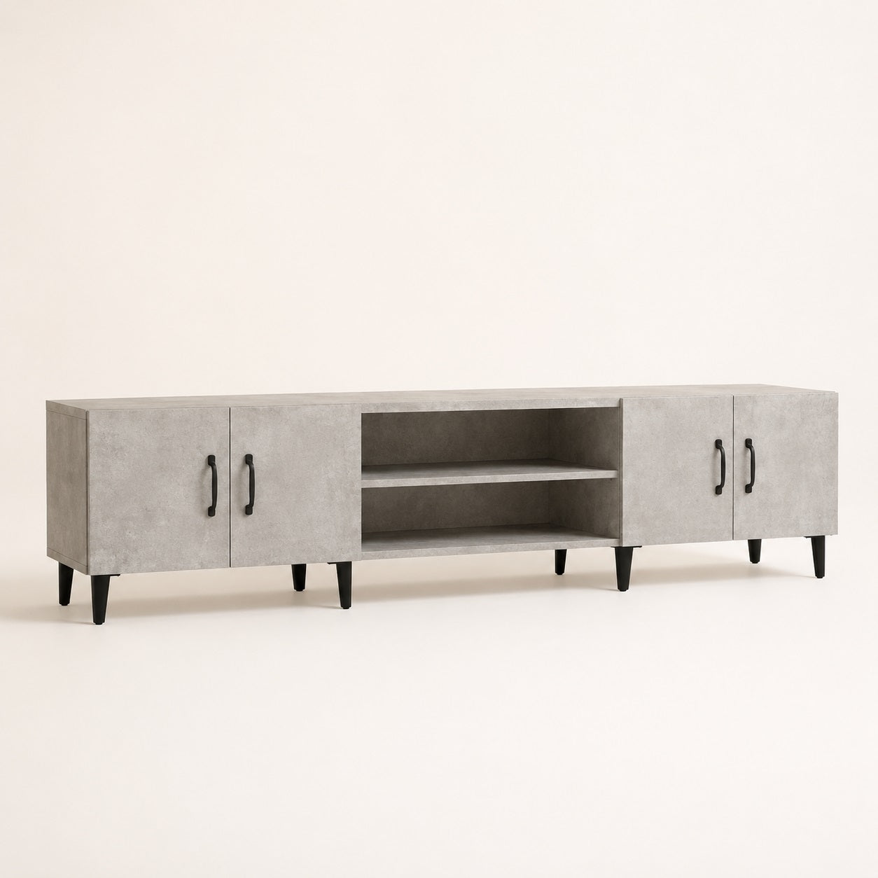 Meuble TV moderne gris béton avec rangements, style industriel et grande capacité de stockage