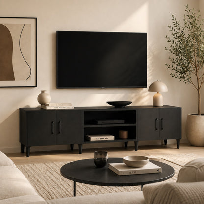 Meuble TV moderne avec rangements noir dans un salon élégant aux lignes contemporaines