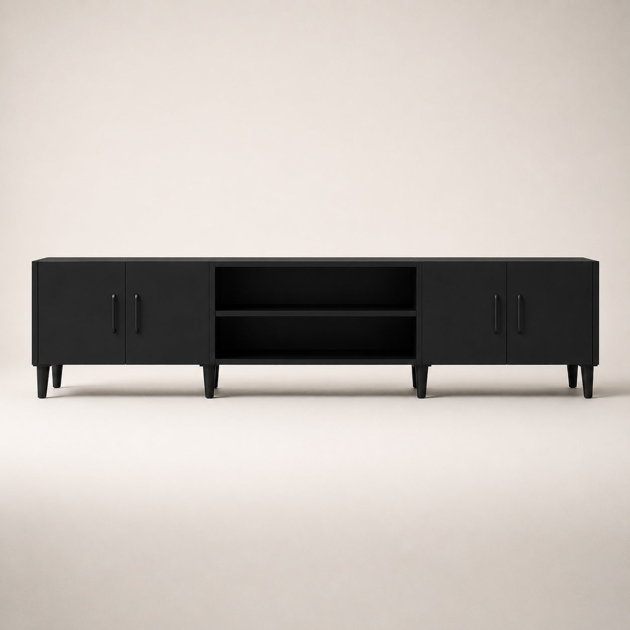 Meuble TV moderne noir avec rangements fermés et niches ouvertes pour appareils multimédias