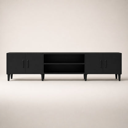 Meuble TV moderne noir avec rangements fermés et niches ouvertes pour appareils multimédias