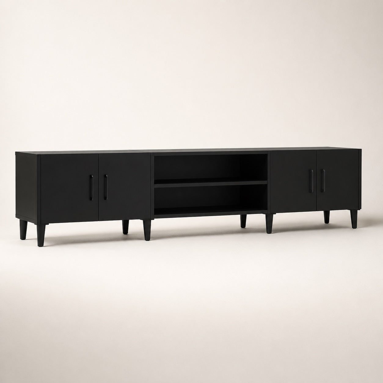 Meuble TV moderne noir avec rangements, design minimaliste et espaces multimédias fonctionnels