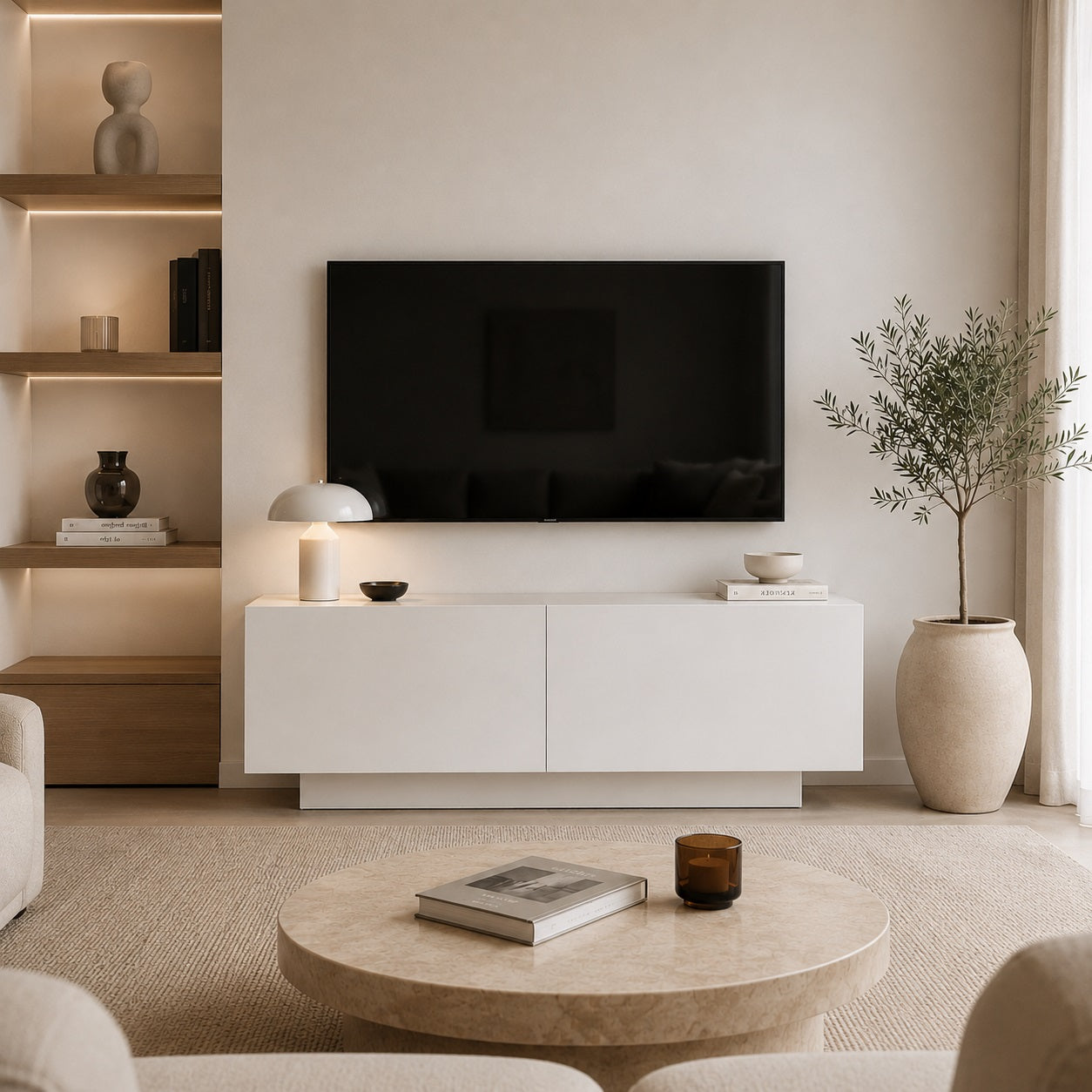 Meuble TV moderne blanc avec rangement pratique sous téléviseur dans un intérieur élégant