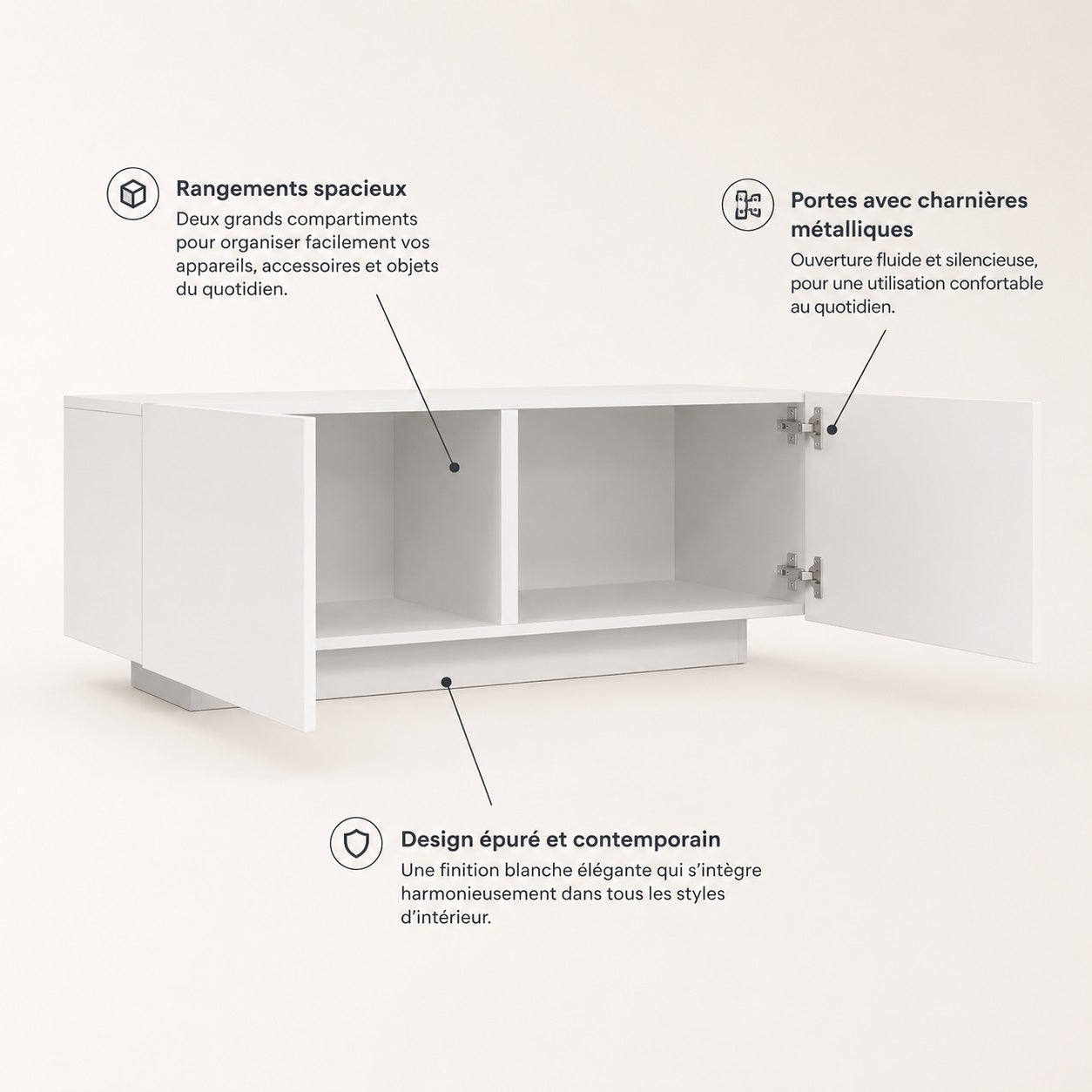 Meuble TV moderne avec rangement fermé, grands compartiments et charnières métalliques