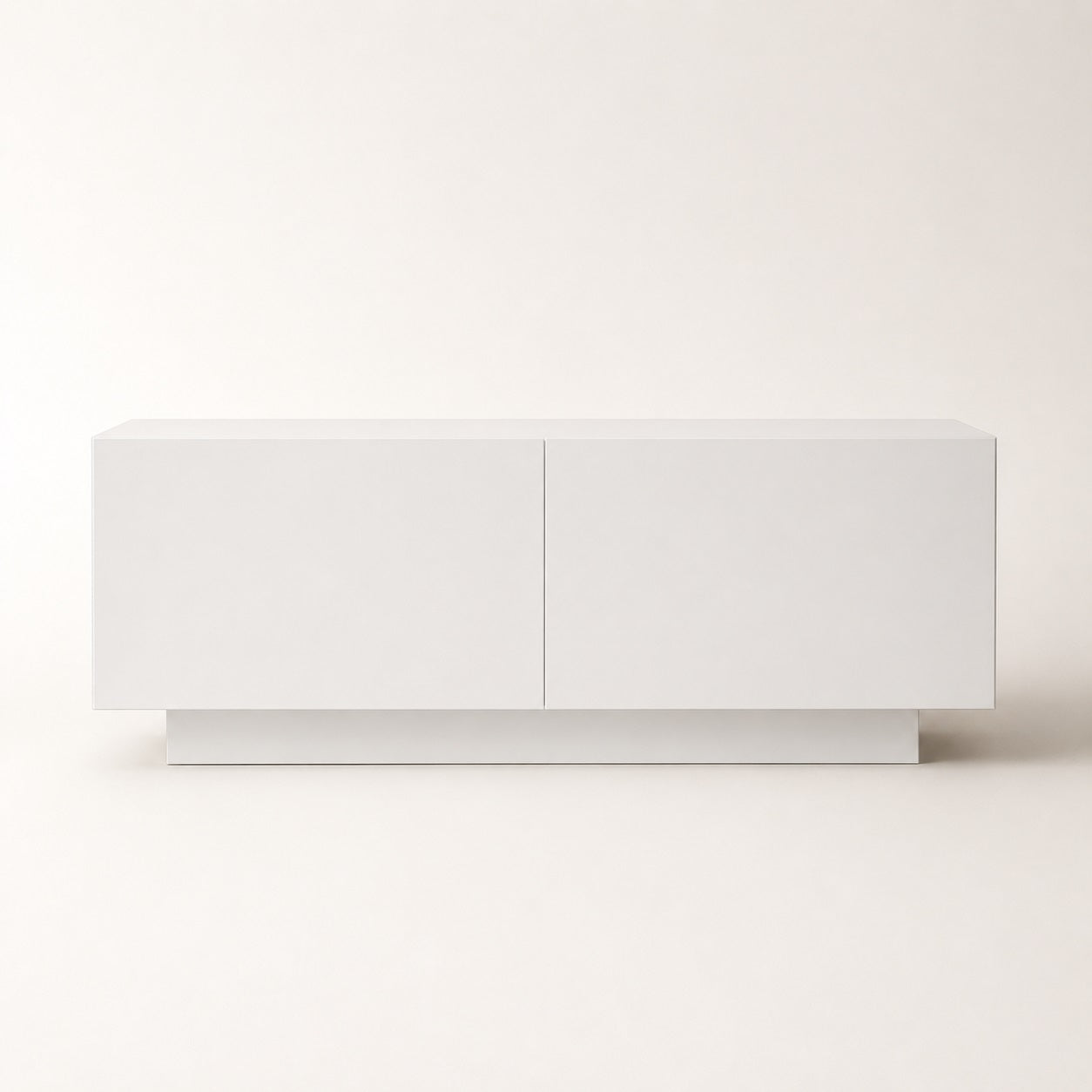Vue de face d’un meuble TV moderne blanc avec rangement et design contemporain épuré