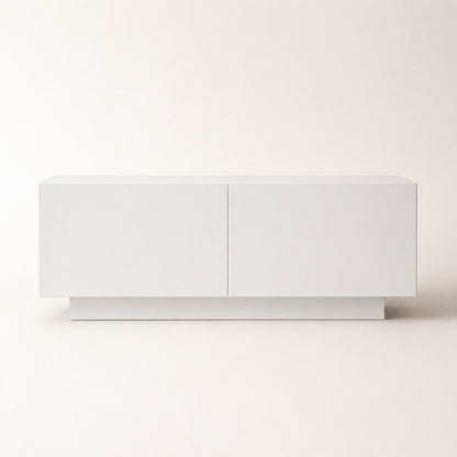 Vue de face d’un meuble TV moderne blanc avec rangement et design contemporain épuré