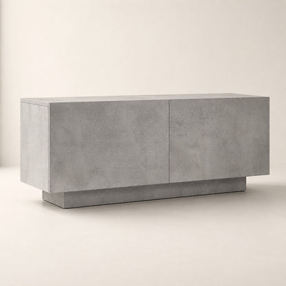 Meuble TV moderne gris effet béton avec rangement fermé et design contemporain minimaliste