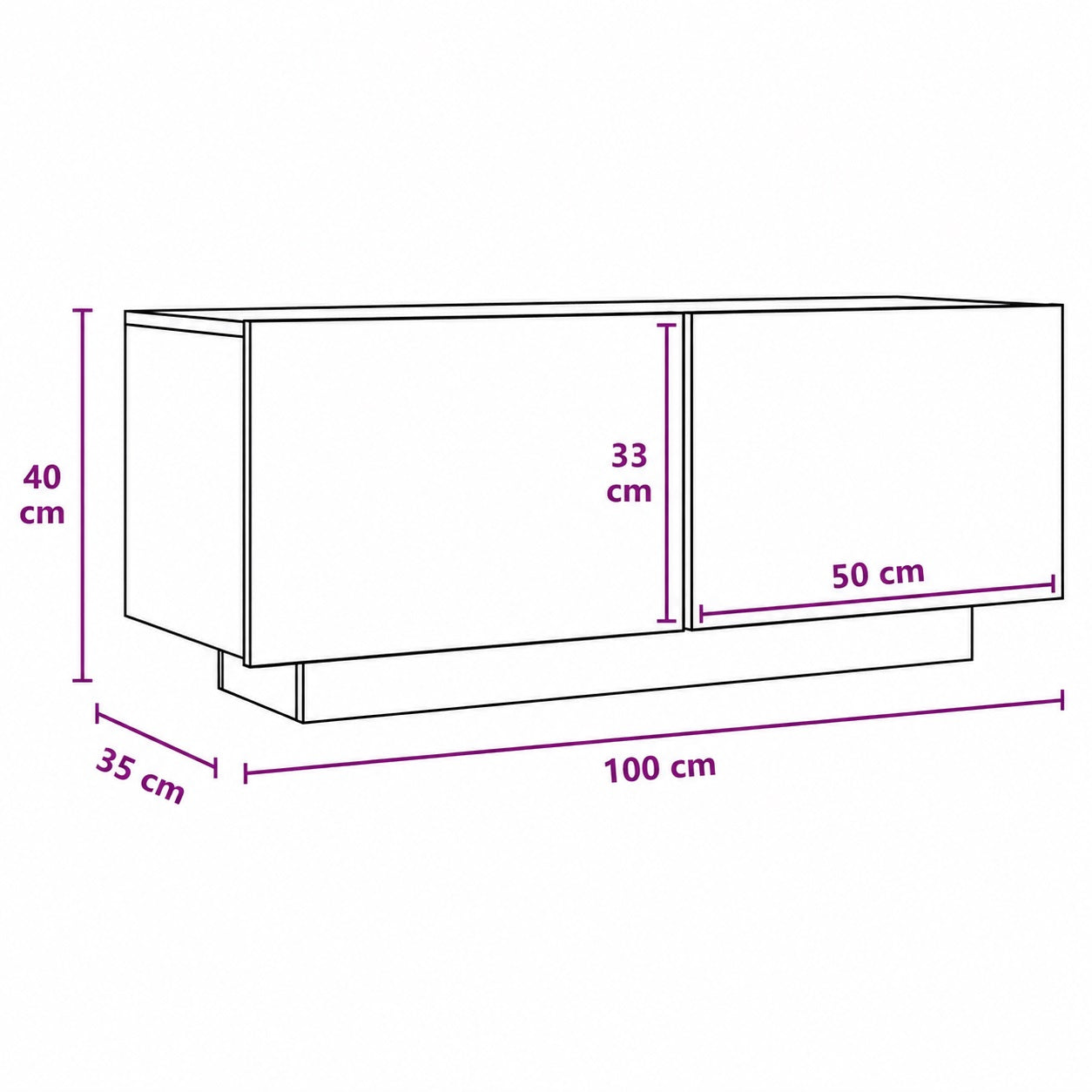 Dimensions du meuble TV moderne avec rangement : 100 cm de large, 40 cm de haut et 35 cm de profondeur