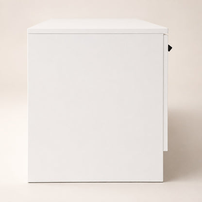 Vue latérale d’un meuble TV blanc avec rangement, lignes épurées et finition contemporaine