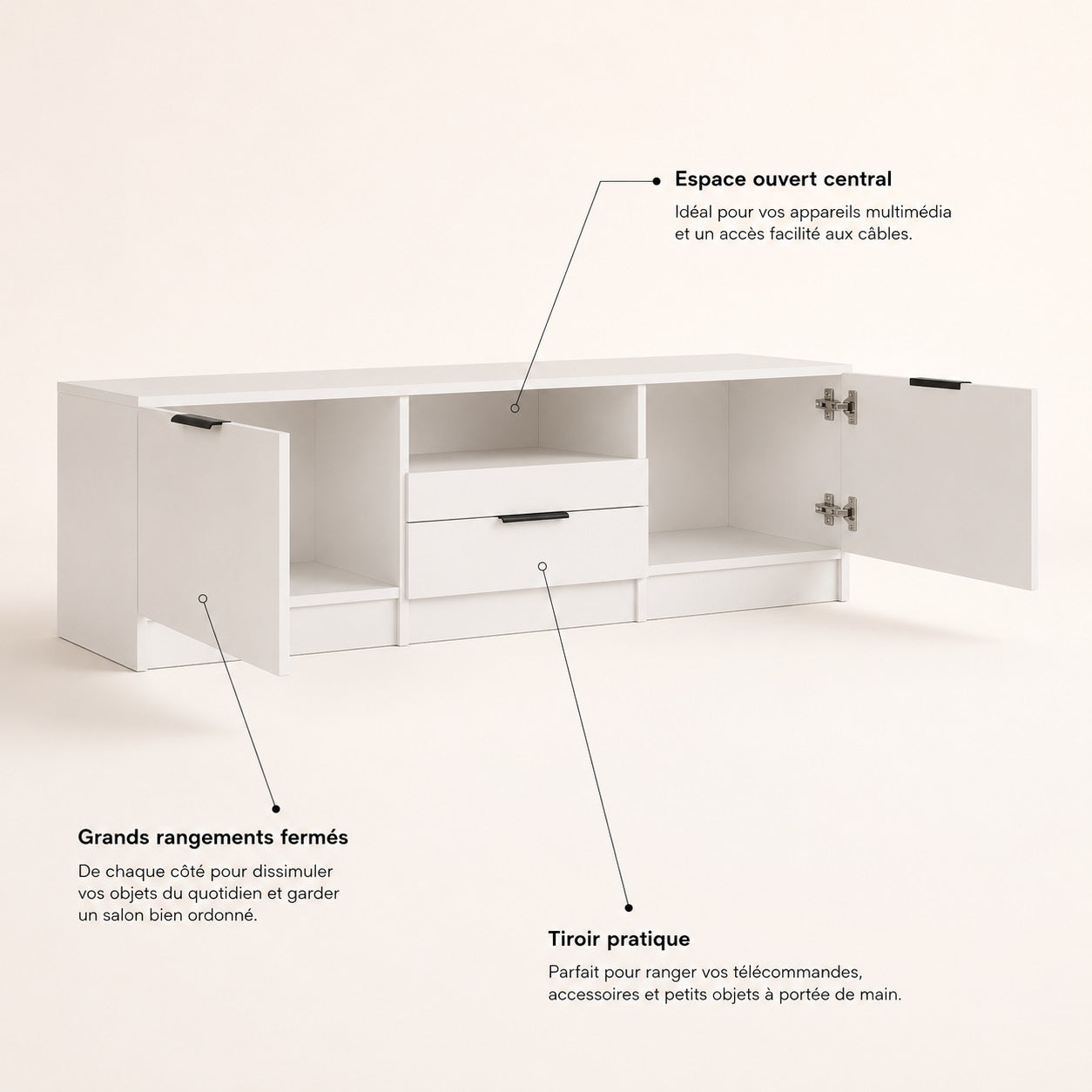 Meuble TV blanc avec rangement, deux placards, tiroir pratique et niche ouverte multimédia
