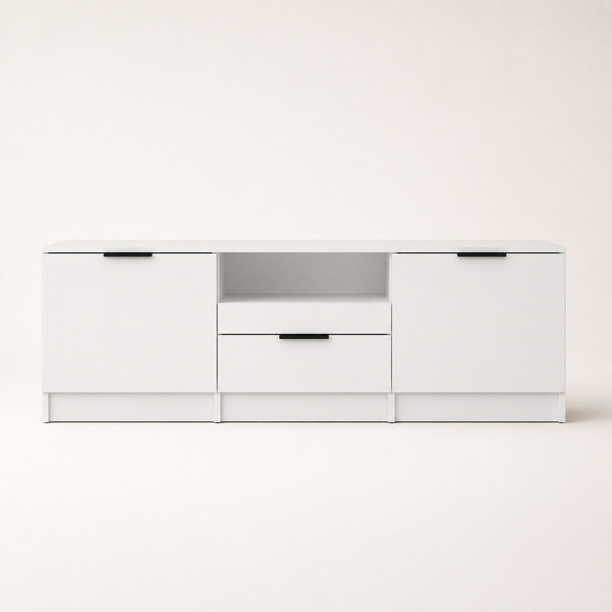 Meuble TV blanc avec rangement vu de face, design minimaliste avec grande capacité de stockage