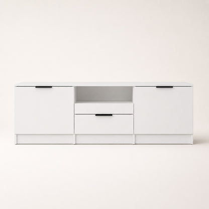Meuble TV blanc avec rangement vu de face, design minimaliste avec grande capacité de stockage