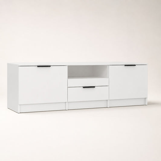 Meuble TV blanc avec rangement, design moderne avec deux portes, tiroir central et niche ouverte