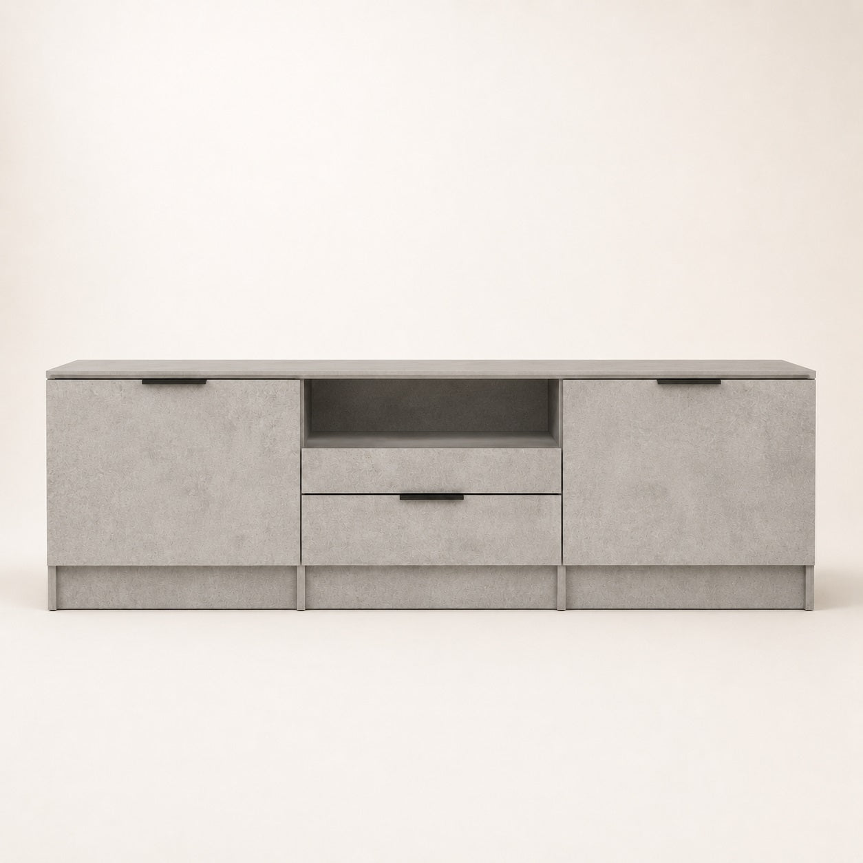 Meuble TV avec rangement effet pierre grise, design contemporain avec deux portes, tiroir central et niche ouverte
