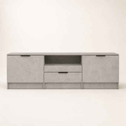 Meuble TV avec rangement effet pierre grise, design contemporain avec deux portes, tiroir central et niche ouverte