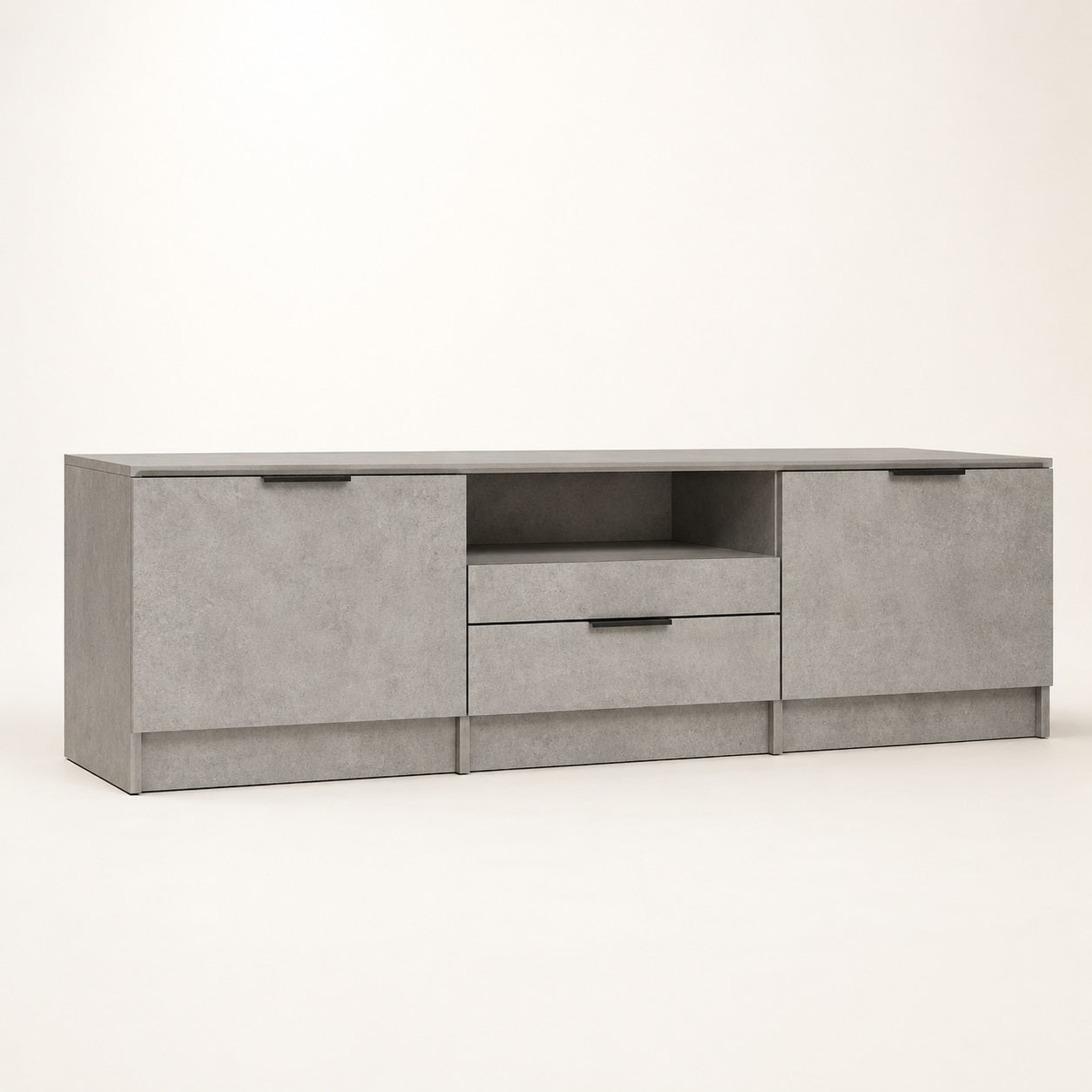 Meuble TV avec rangement effet pierre grise, design moderne avec portes et tiroir central