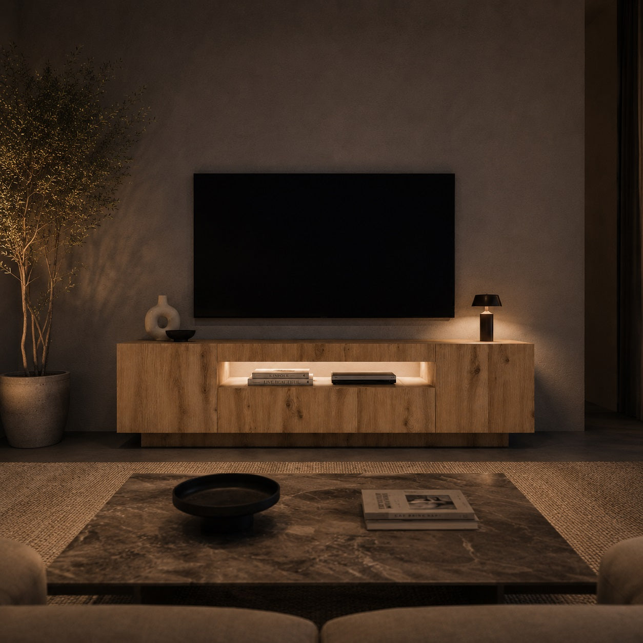 Meuble tv bois avec rangement et led, ambiance salon design et éclairage chaleureux