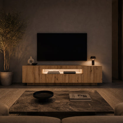 Meuble tv bois avec rangement et led, ambiance salon design et éclairage chaleureux