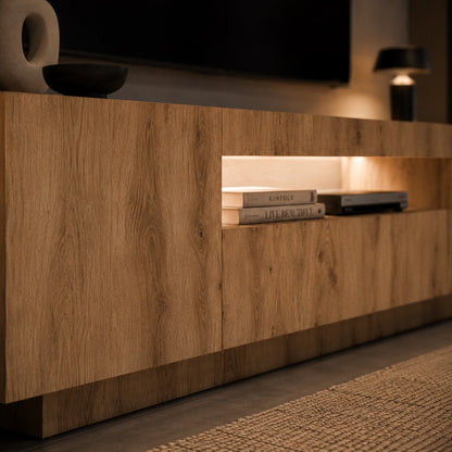 Détail meuble tv avec led intégré et rangement bois moderne au style minimaliste