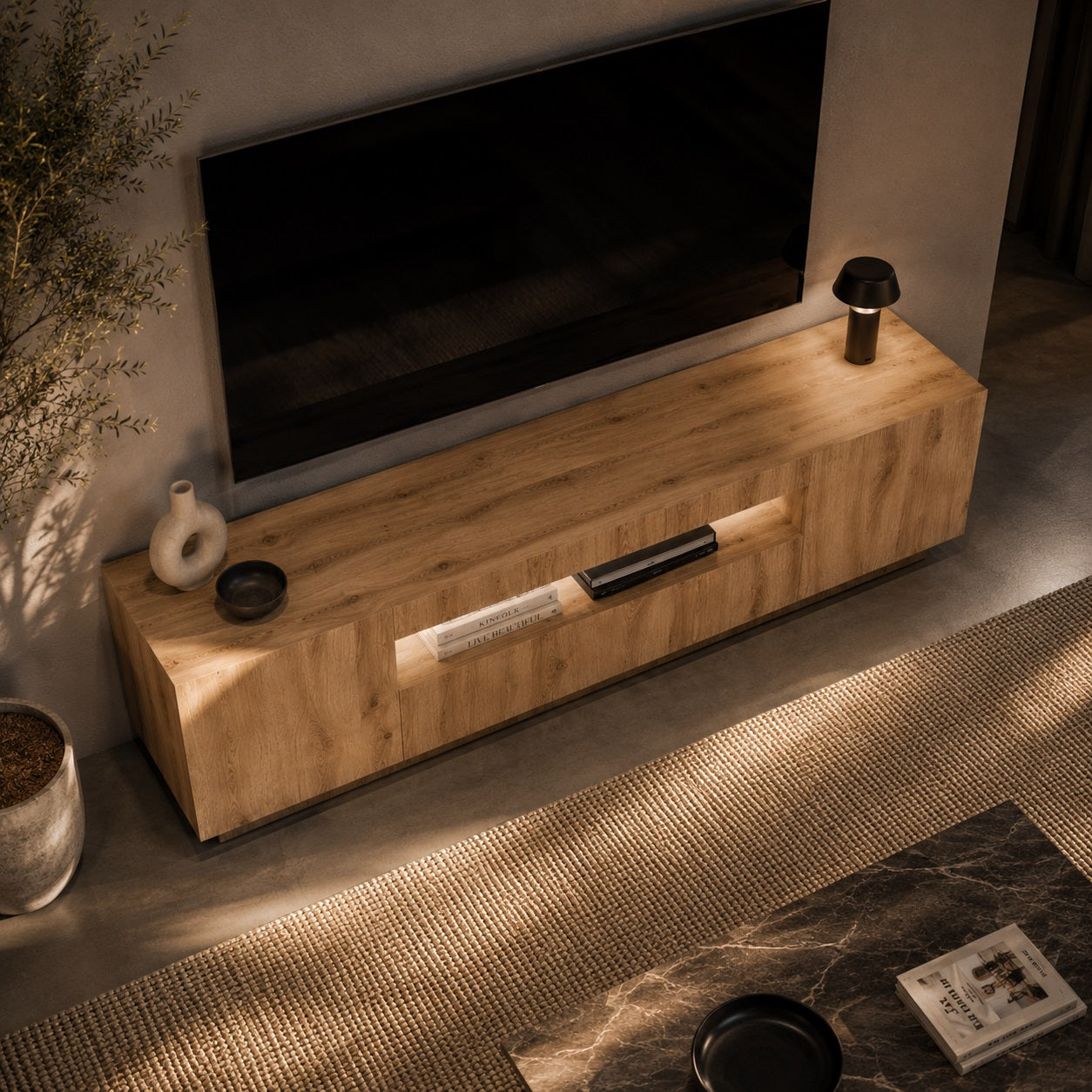 Vue dessus meuble tv avec led et rangement en bois pour salon contemporain élégant