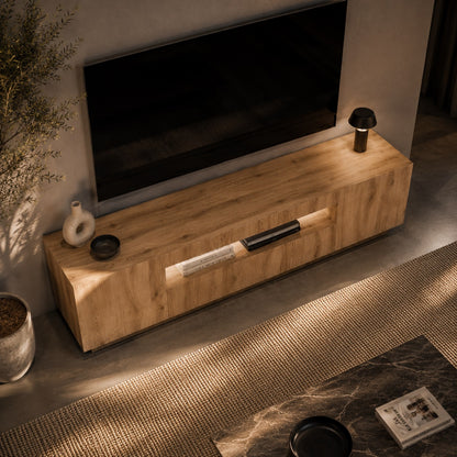 Vue dessus meuble tv avec led et rangement en bois pour salon contemporain élégant