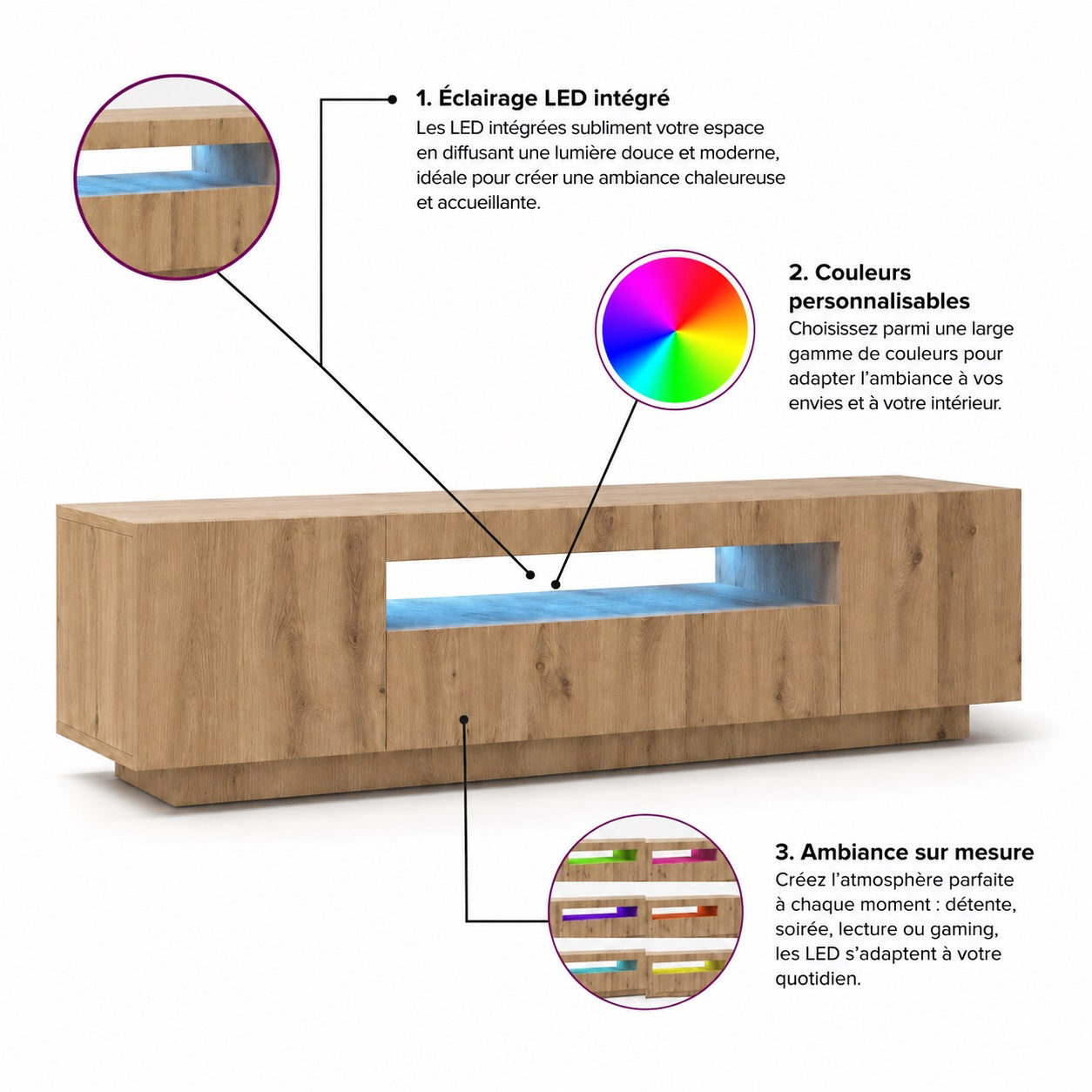 Meuble tv avec led multicolore et rangement bois au design contemporain épuré