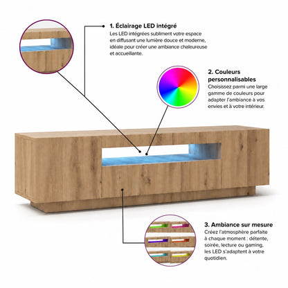 Meuble tv avec led multicolore et rangement bois au design contemporain épuré