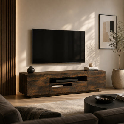 Meuble tv avec rangement bois foncé dans un salon moderne et chaleureux