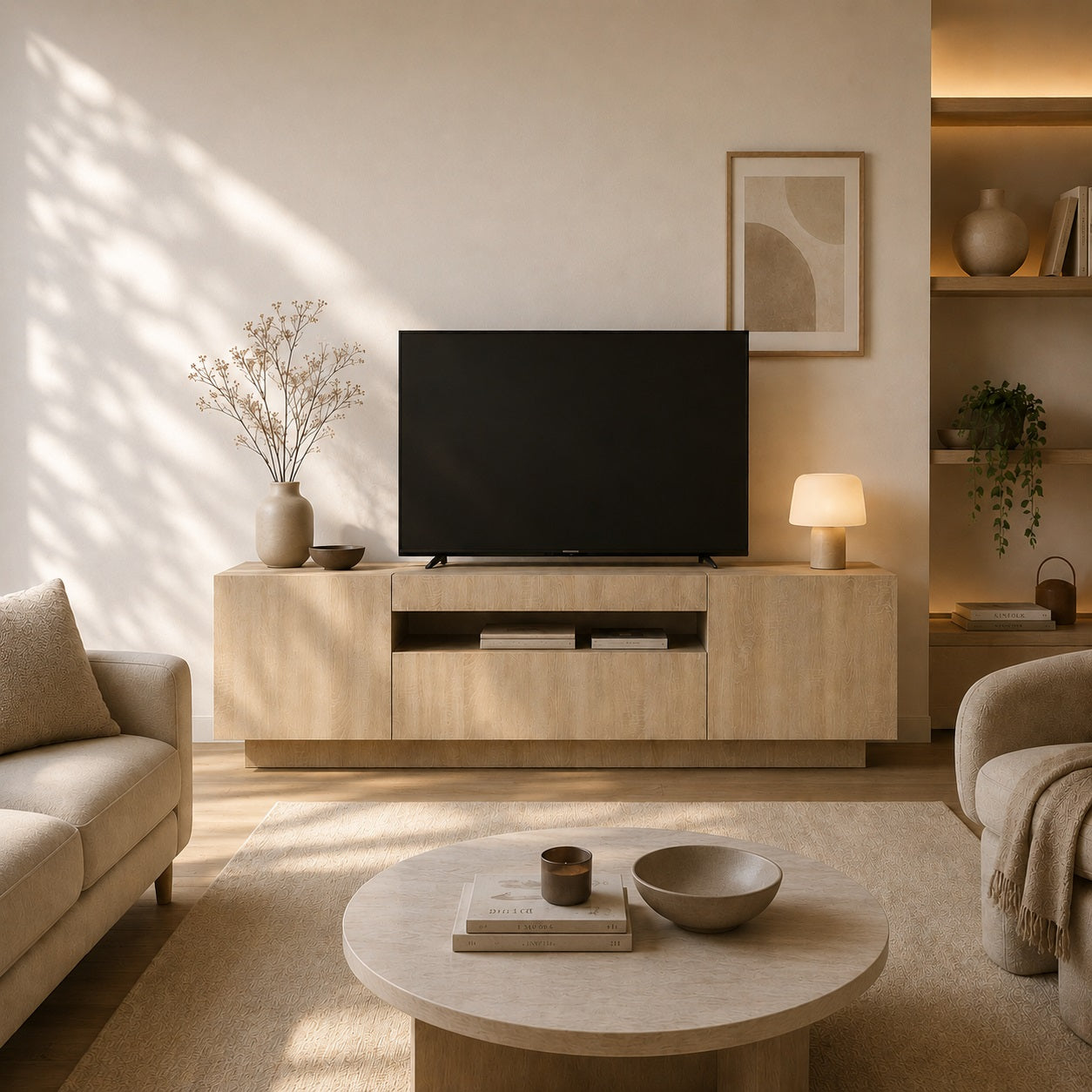 Meuble tv avec rangement bois clair dans un salon lumineux et contemporain