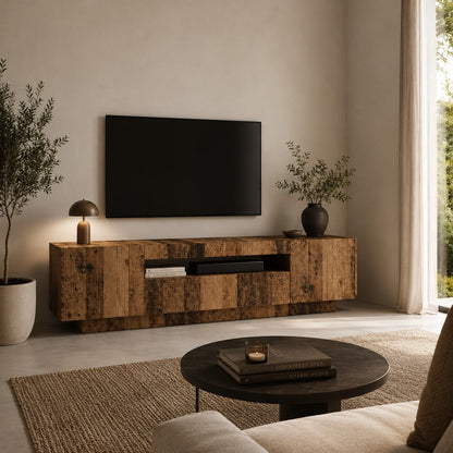 Meuble tv avec rangement vieux bois dans un salon chaleureux et naturel