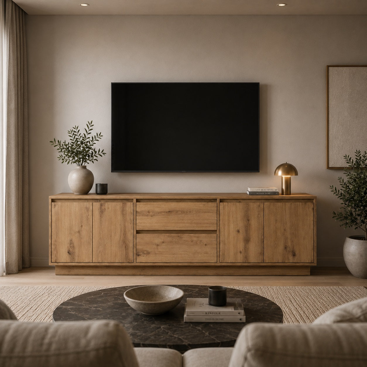 Meuble tv bois avec rangement et tiroirs spacieux dans intérieur contemporain et lumineux