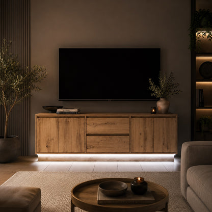 Meuble tv bois avec rangement et éclairage LED intégré pour ambiance moderne et chaleureuse