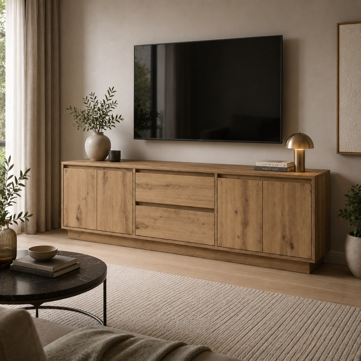 Meuble tv bois avec rangement dans salon moderne au style naturel et chaleureux finition chêne artisanal