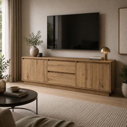 Meuble tv bois avec rangement dans salon moderne au style naturel et chaleureux finition chêne artisanal