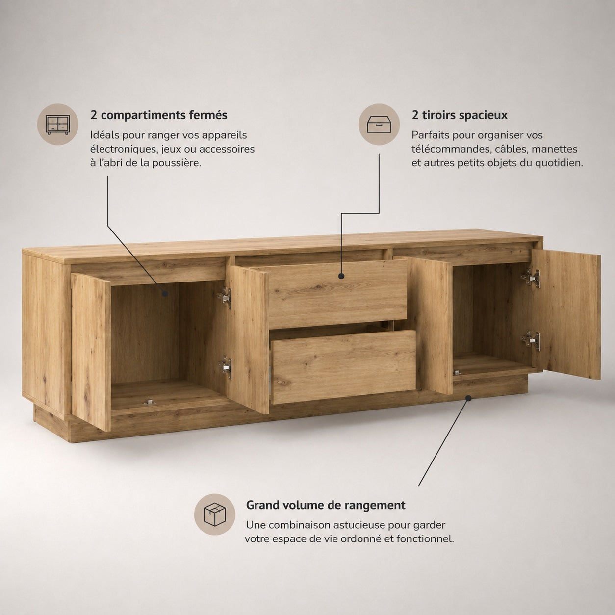 Meuble tv bois avec rangement spacieux, portes et tiroirs pour organiser appareils et accessoires