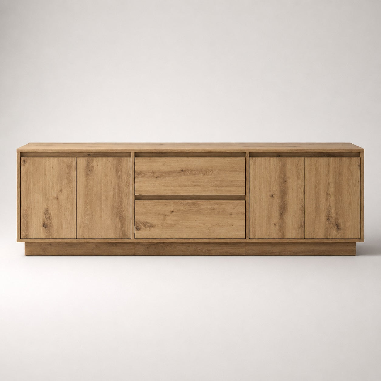 Meuble tv bois avec rangement vue de face au design minimaliste et finition chêne artisanal
