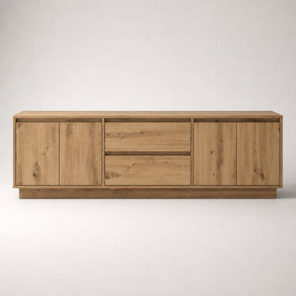 Meuble tv bois avec rangement vue de face au design minimaliste et finition chêne artisanal