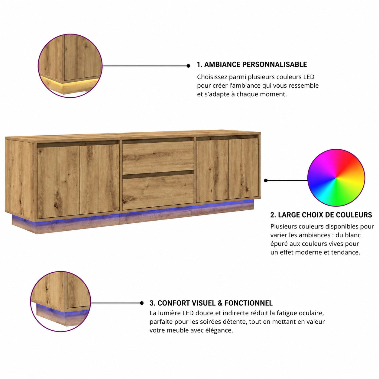 Meuble tv bois avec rangement et LED multicolore pour salon design et ambiance contemporaine
