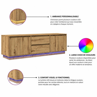 Meuble tv bois avec rangement et LED multicolore pour salon design et ambiance contemporaine