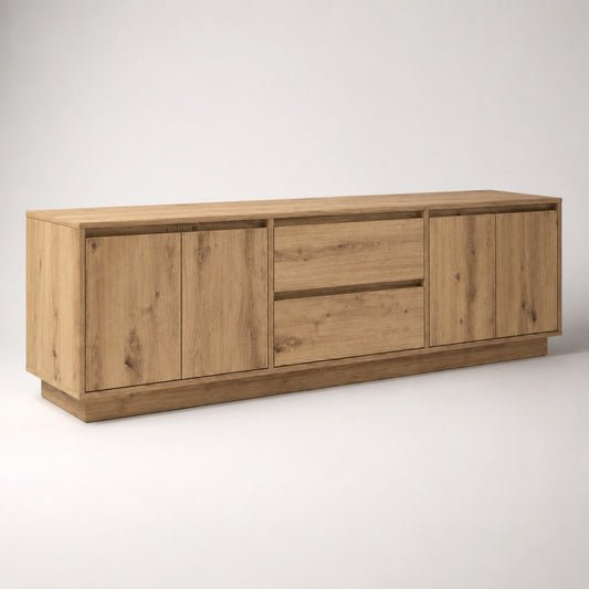 Meuble tv bois moderne avec rangement en finition chêne artisanal et design épuré pour salon contemporain