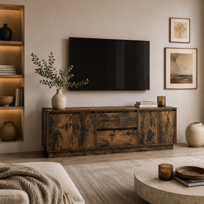 Meuble tv bois avec rangement en chêne fumé dans salon contemporain et ambiance chaleureuse