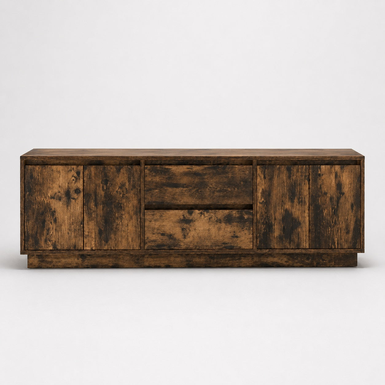 Meuble tv bois avec rangement vue de face finition chêne fumé style moderne industriel