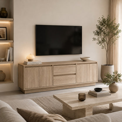 Meuble tv bois avec rangement en chêne sonoma dans salon lumineux au style contemporain