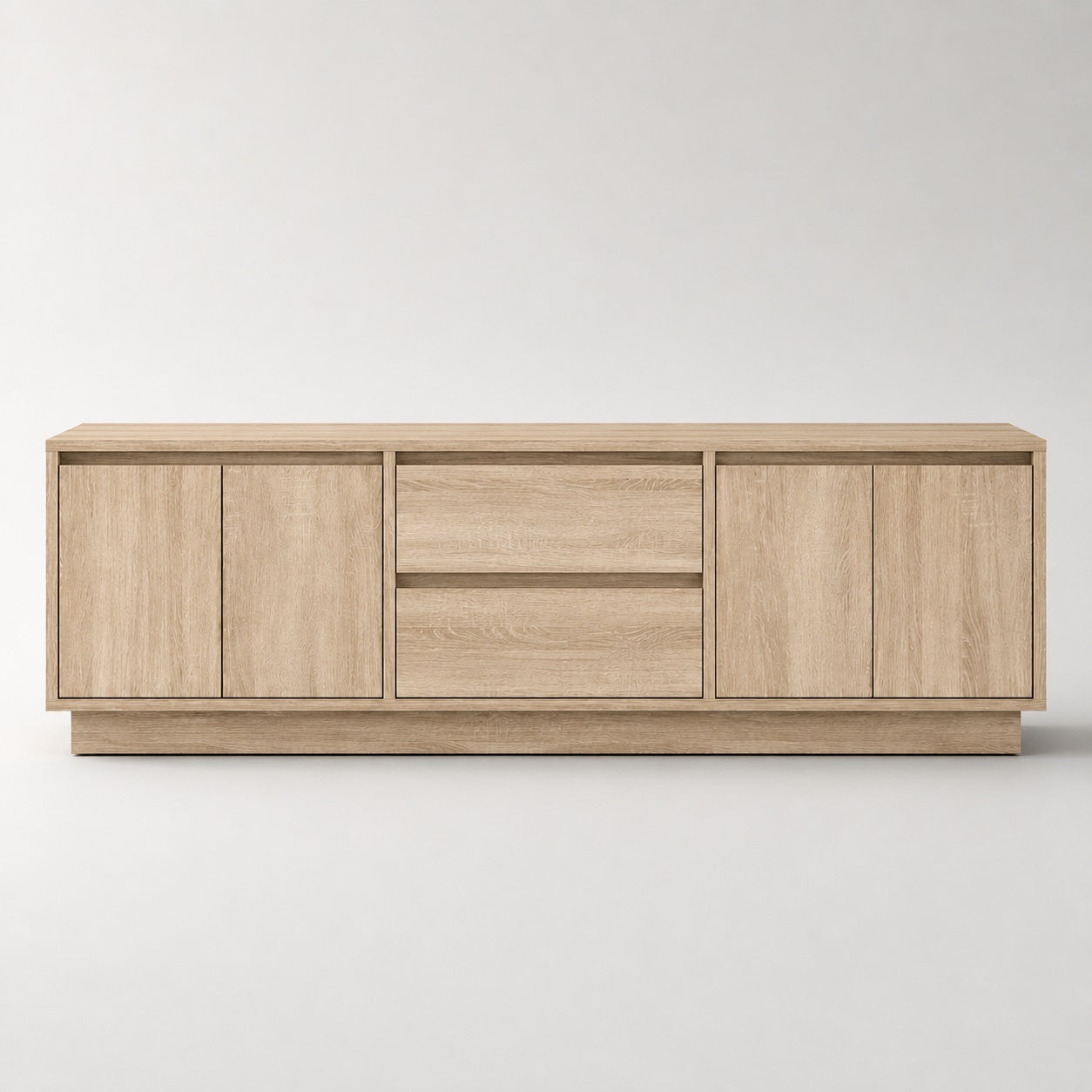 Meuble tv bois avec rangement vue de face finition chêne sonoma moderne et minimaliste