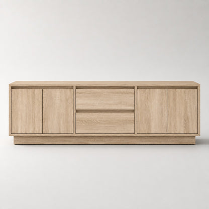 Meuble tv bois avec rangement vue de face finition chêne sonoma moderne et minimaliste