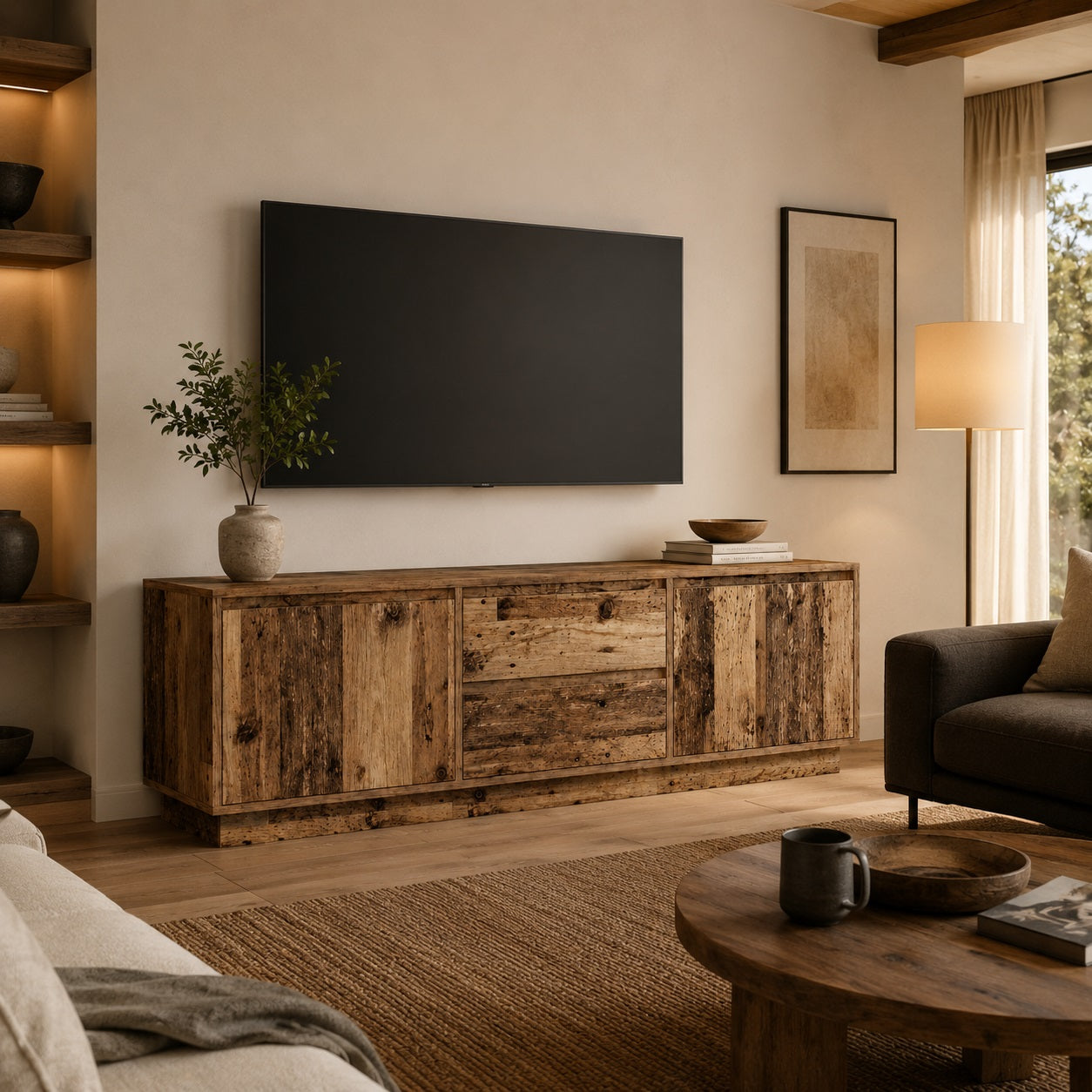 Meuble tv bois avec rangement en vieux bois dans salon chaleureux au style naturel élégant