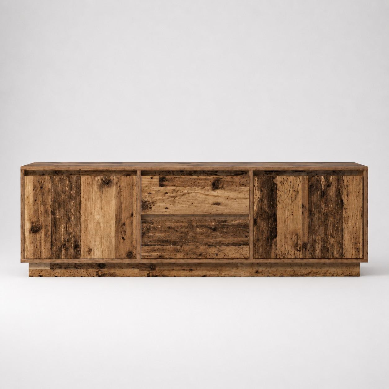 Meuble tv bois avec rangement vue de face finition vieux bois et design contemporain rustique